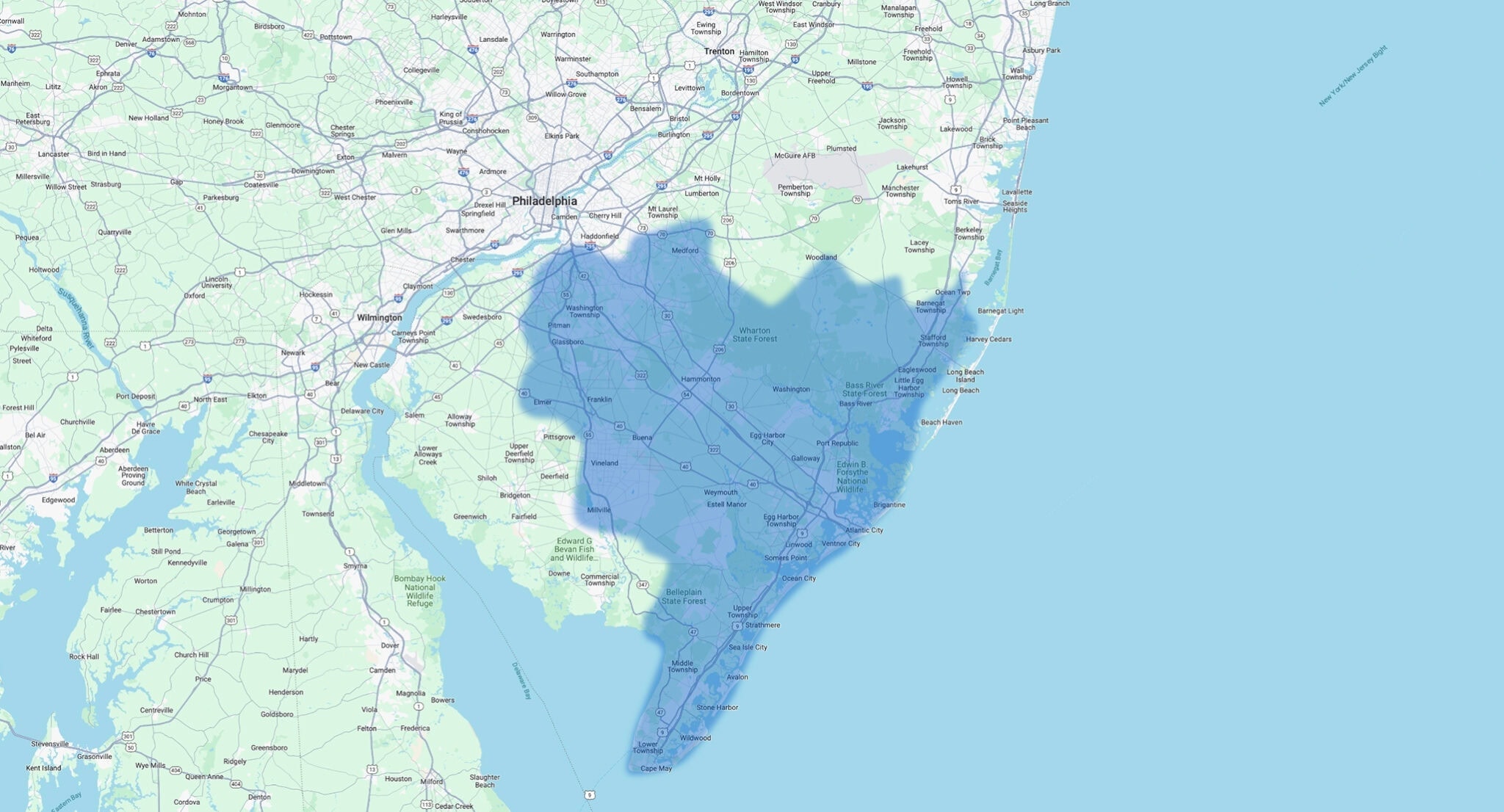 Comfort Now by Bob McAllister service area, covering Atlantic and Cape May counties.