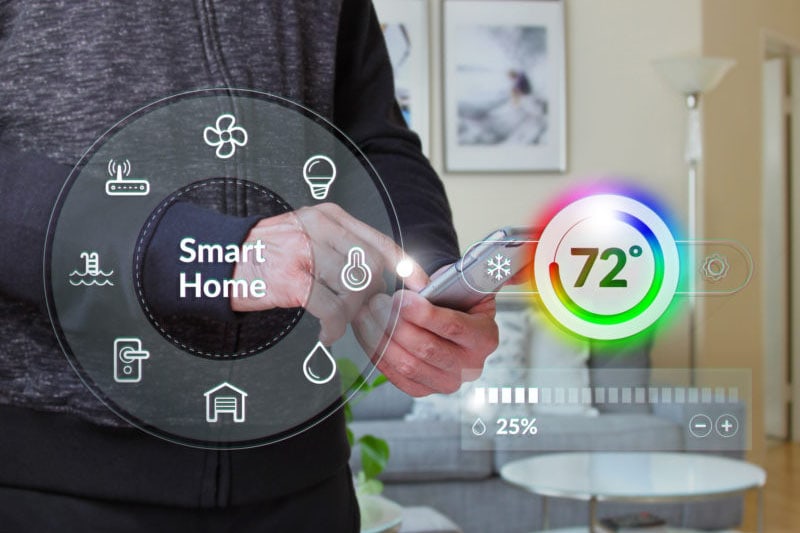 Smart home control dashboard with male using smartphone at home in the background