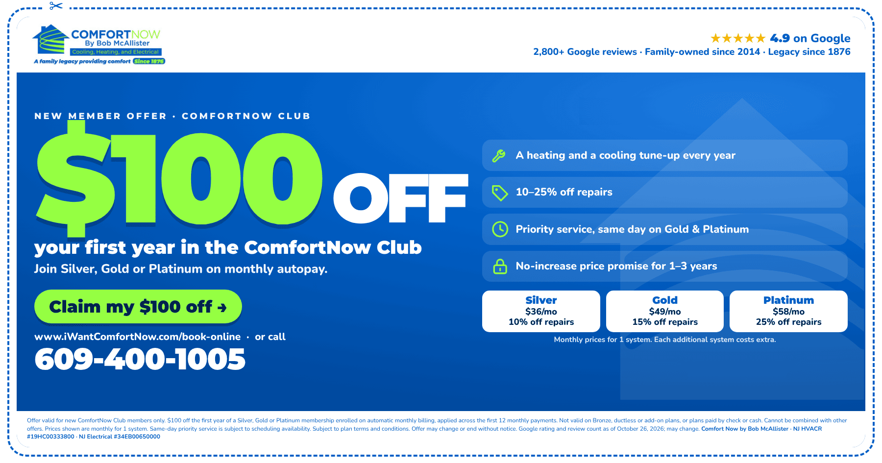 comfortnow-club-100-off-coupon-web-1800x945 ComfortNow Club coupon from Comfort Now by Bob McAllister: 0 off your first year of a Silver, Gold or Platinum maintenance plan on monthly autopay, for new members. Includes a heating and a cooling tune-up every year, 10 to 25 percent off repairs and priority service. Book at www.iWantComfortNow.com/book-online or call 609-400-1005.
