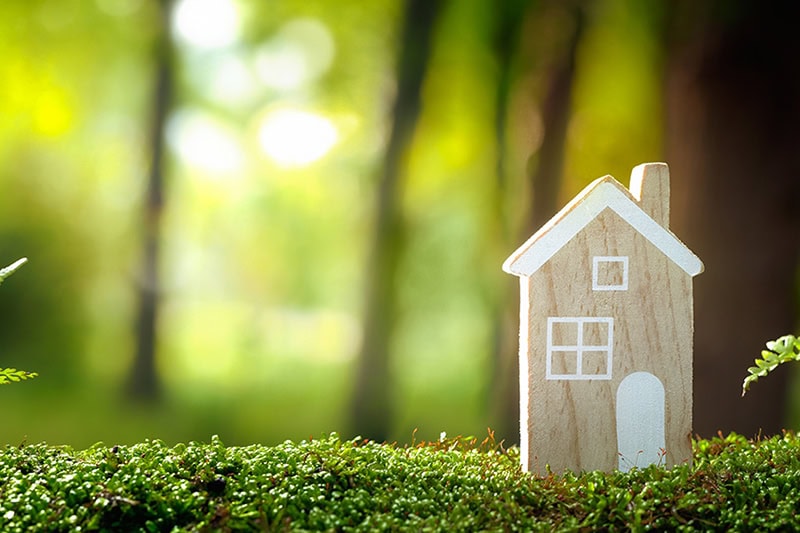 What Does a Geothermal System Cost? Photo of a wooden toy house with a forest background.