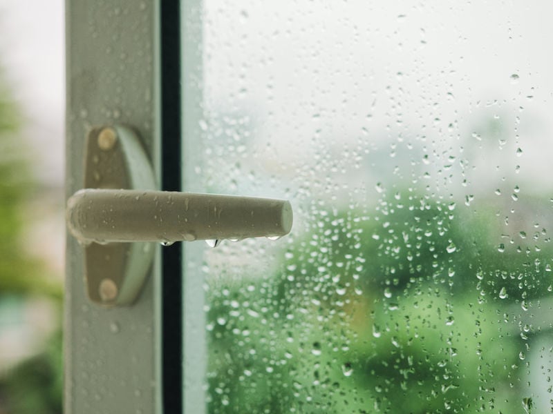 Raindrop on window with Handle Blur tree background Rainy Season Humid Door