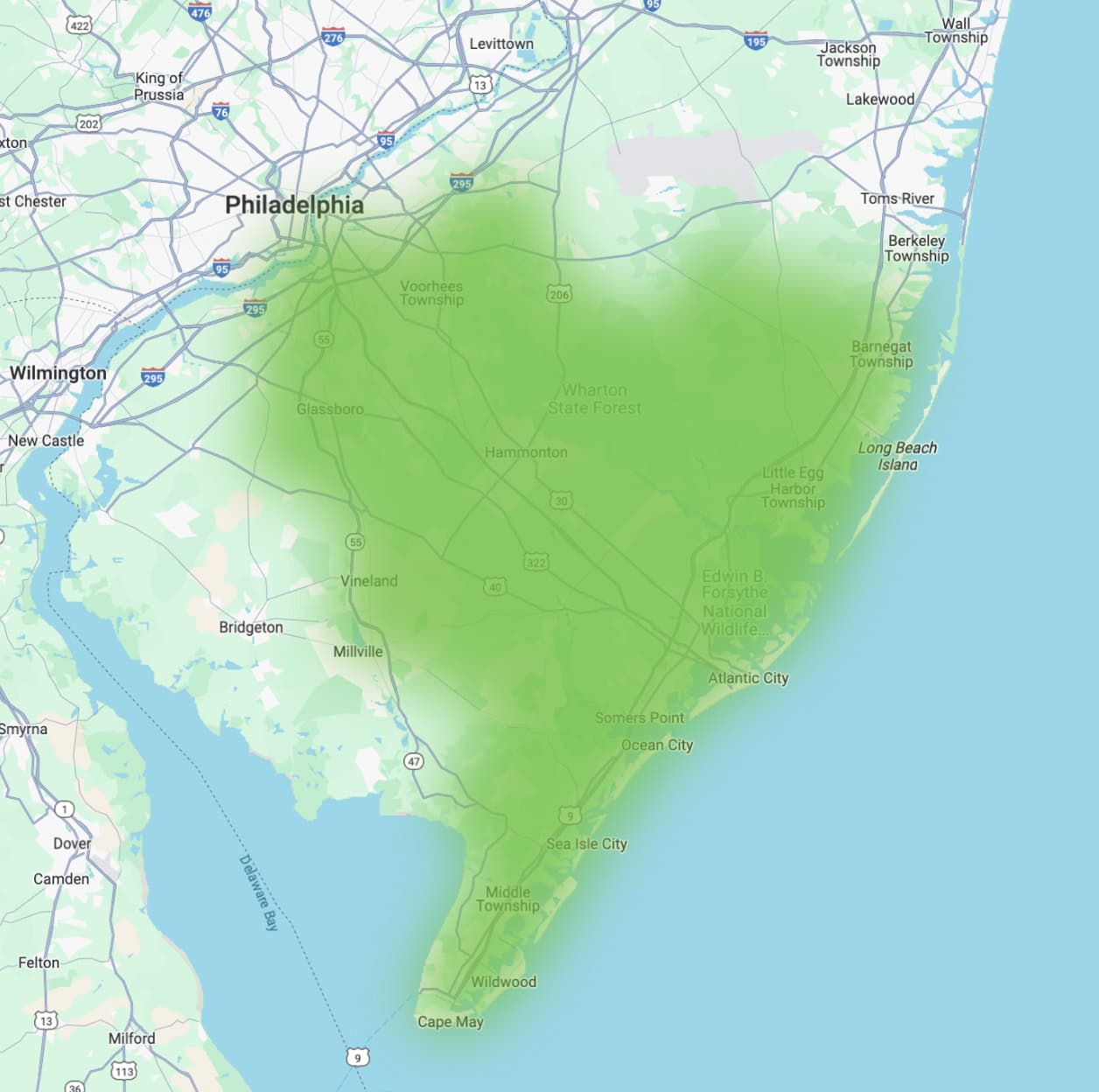 Comfort Now by Bob McAllister service area, covering Atlantic and Cape May counties.