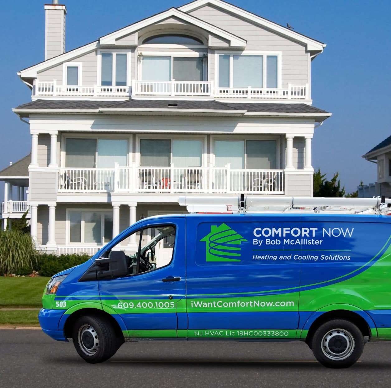 Comfort Now by Bob McAllister service vehicle outside home in Egg Harbor Township, New Jersey.